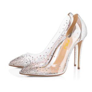FSJ Silver Rhinestone Clear Pump Stiletto Heels